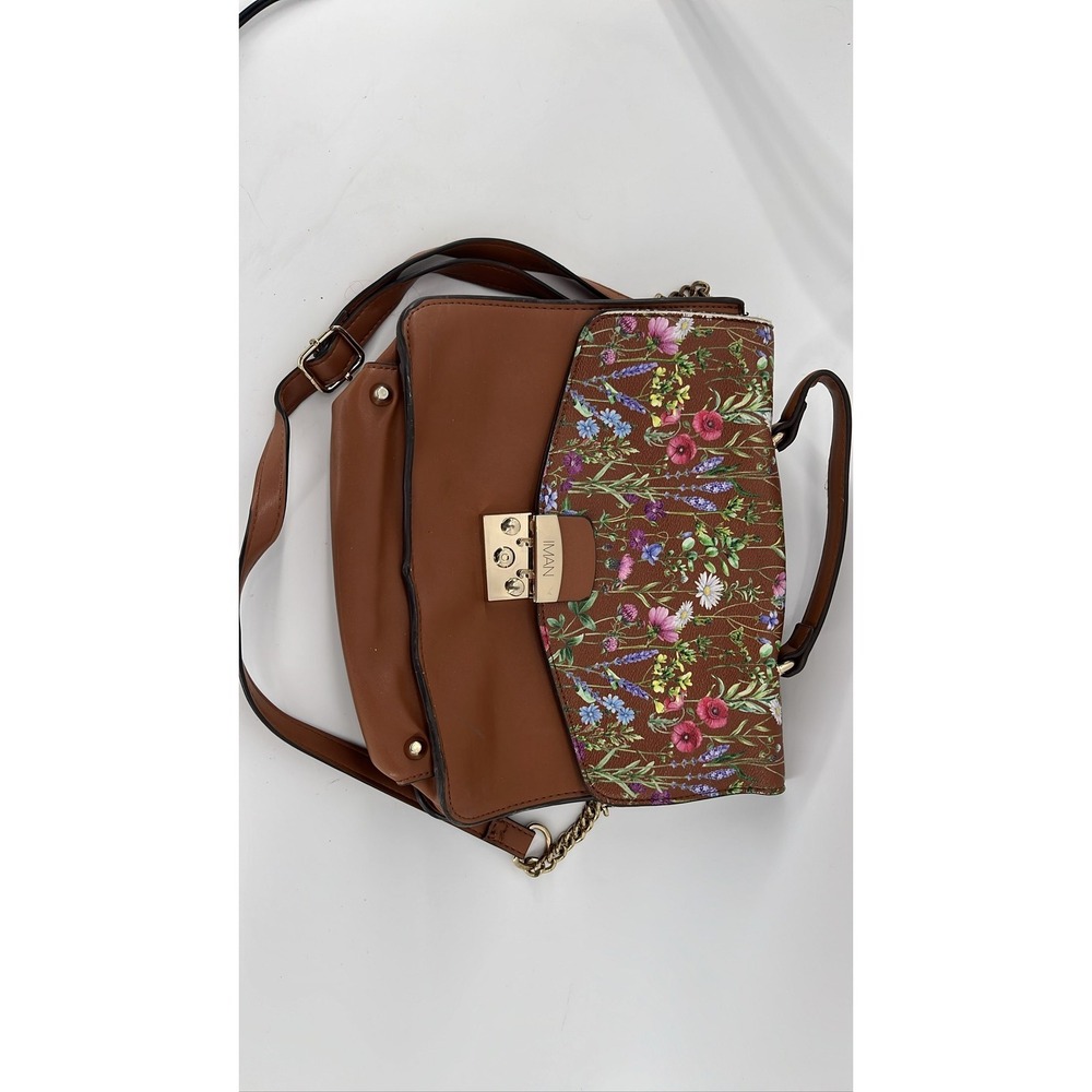 IMAN Global Chic Brown‎ Floral Crossbody Satchel Gold Hardware